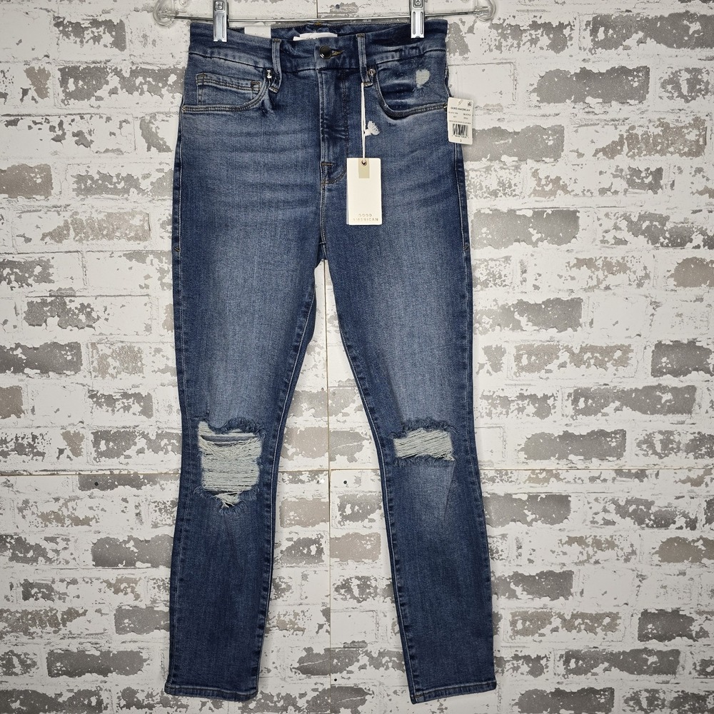NWT Good American Jeans Womens 26 Good Legs Crop Clean Hem Skinny Straight Blue